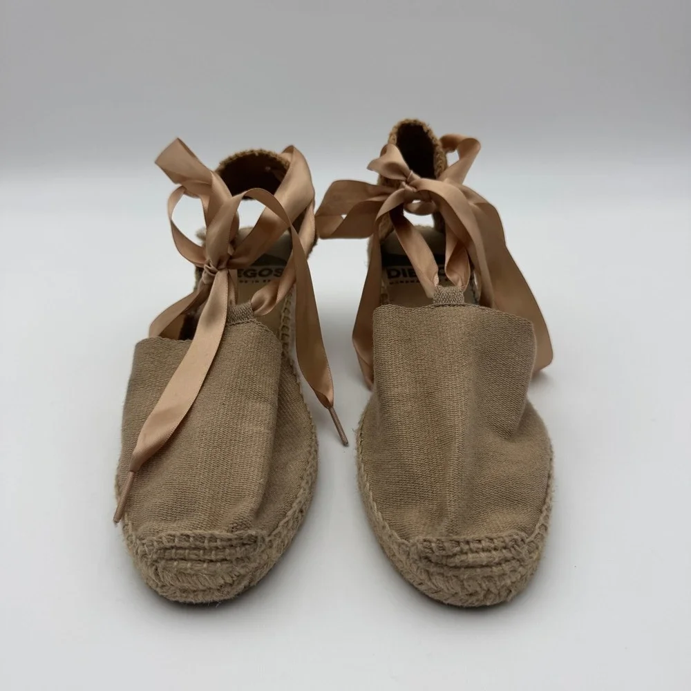 Diegos Classic Low Wedge Linen Lola Espadrilles Tan Lace Up Spain Womens 39